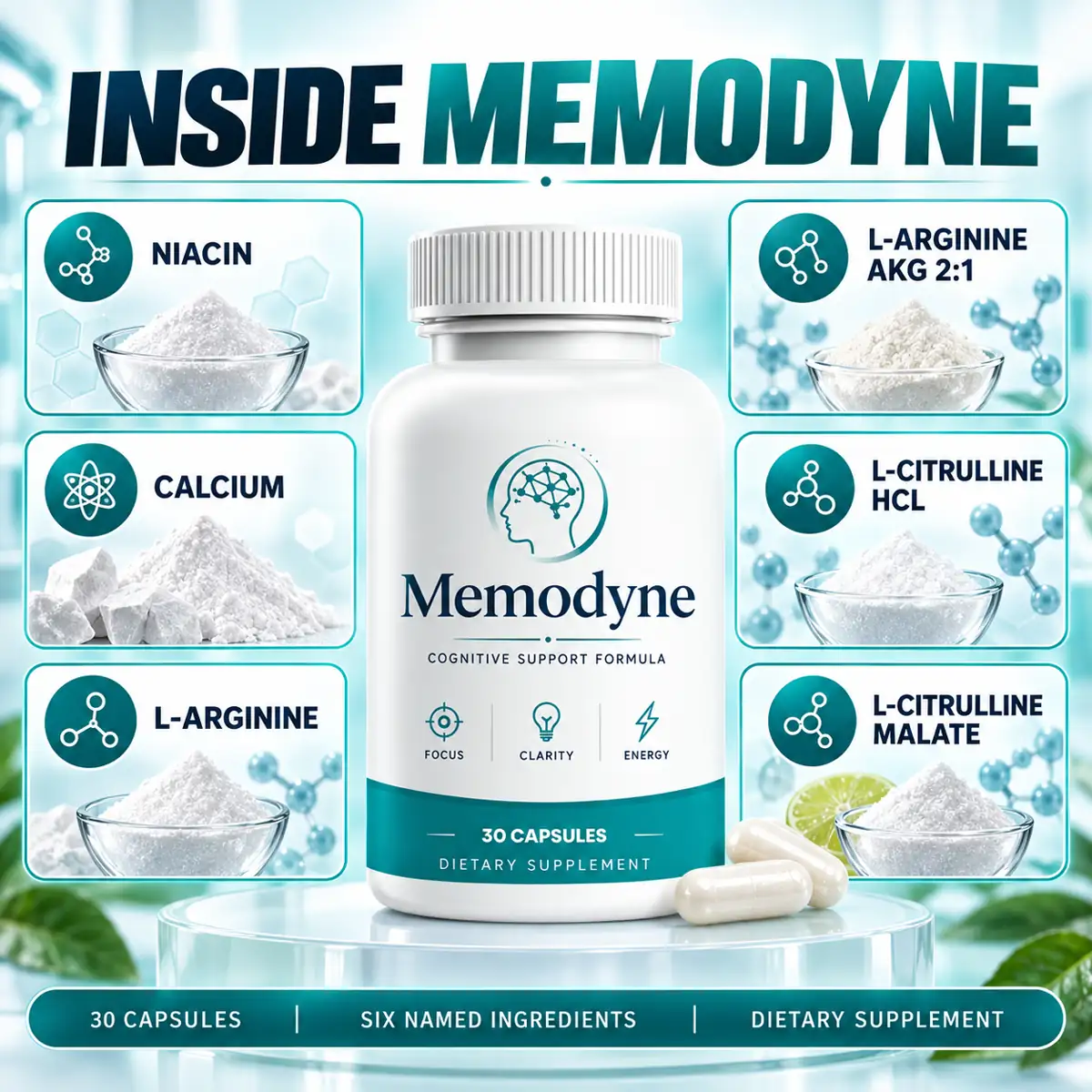 The INSIDE MEMODYNE listing graphic, six named ingredients around the bottle