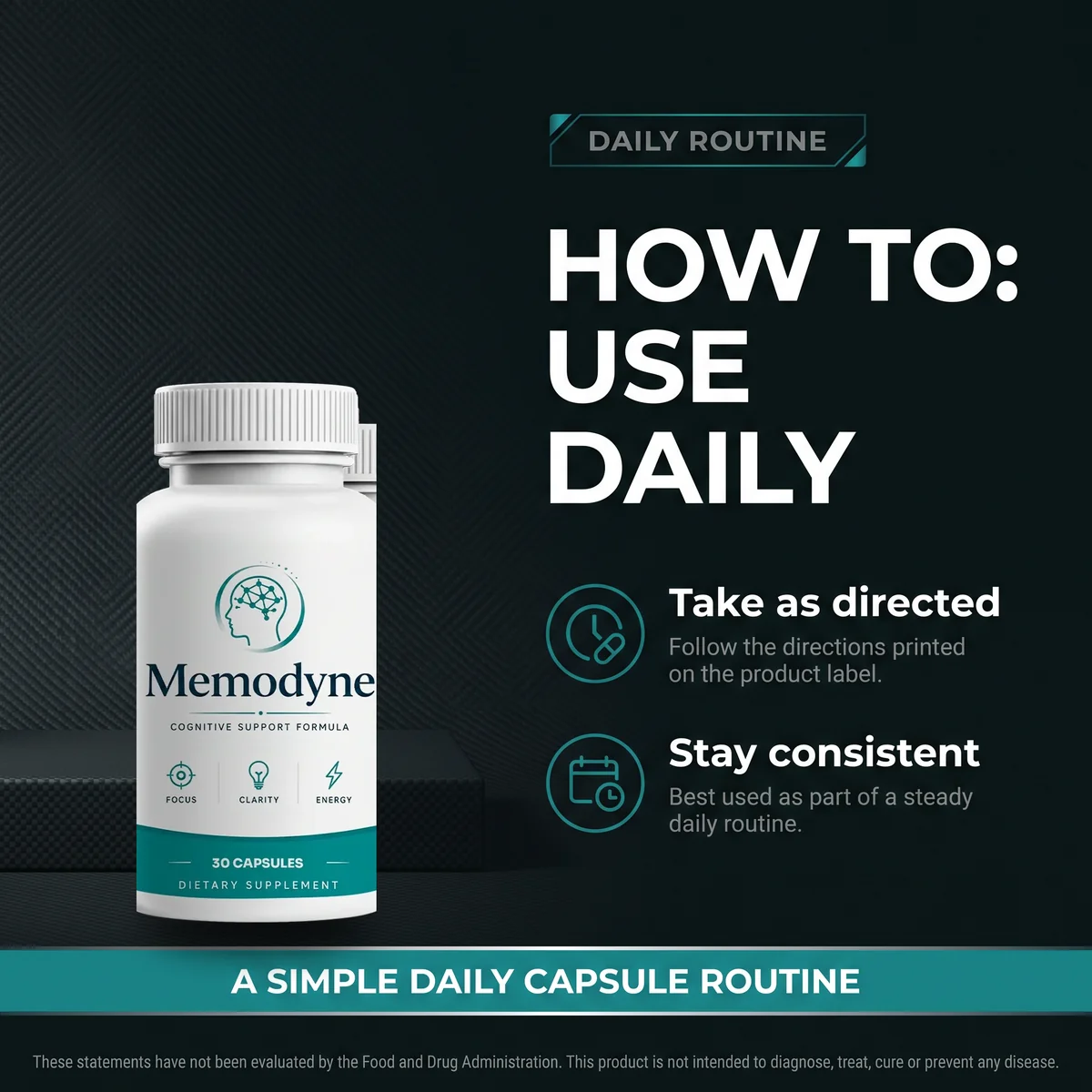 The Memodyne listing card showing the daily routine for taking the capsule